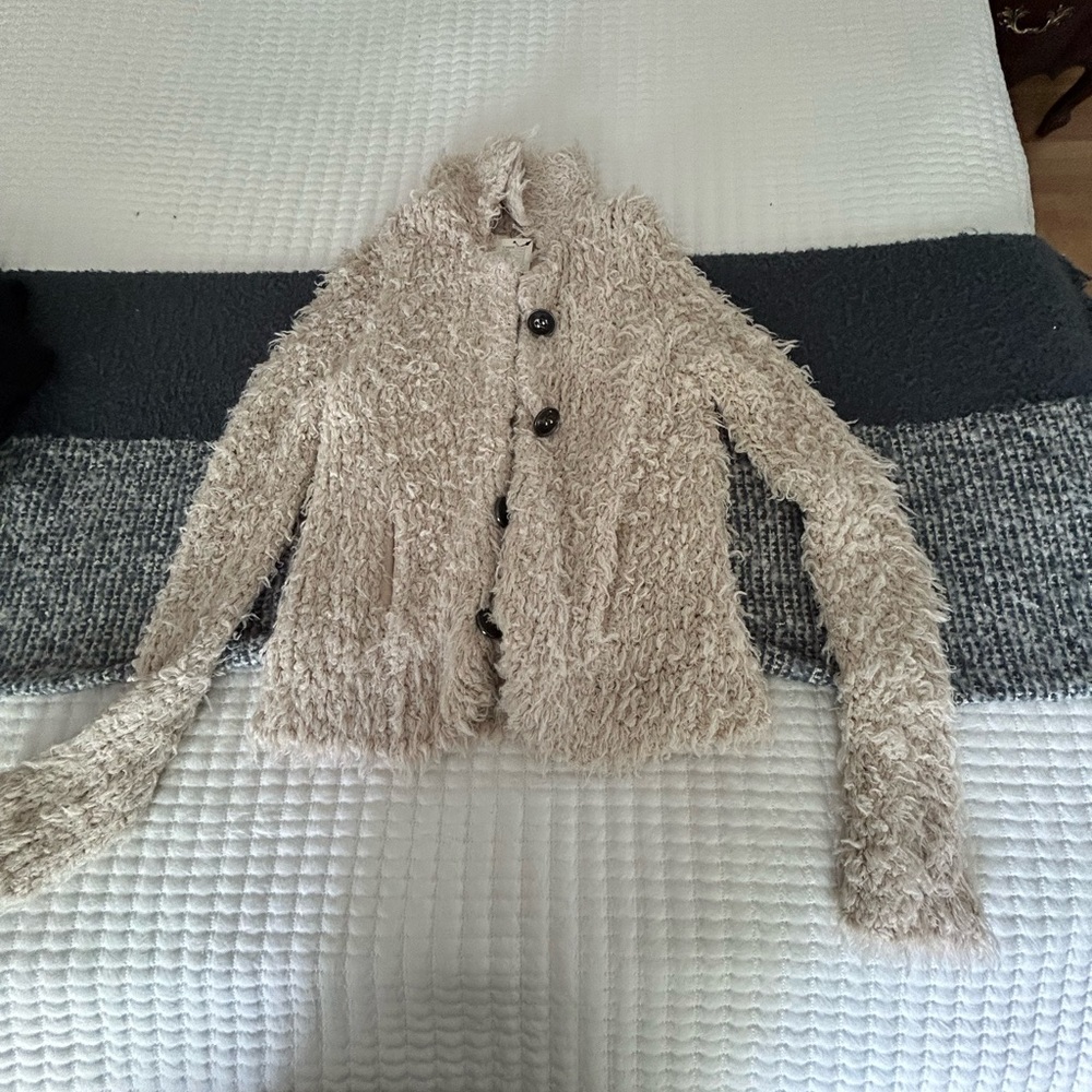 Free People Ivory Shag Button-Up Jacket